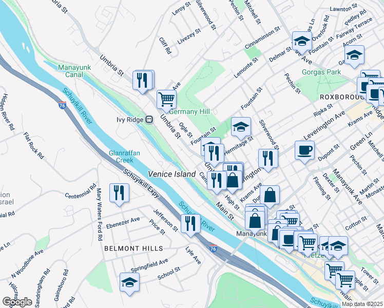 map of restaurants, bars, coffee shops, grocery stores, and more near 4726 Umbria Street in Philadelphia