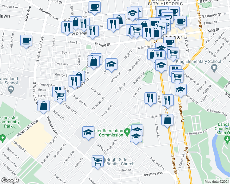 map of restaurants, bars, coffee shops, grocery stores, and more near 639 Poplar Street in Lancaster