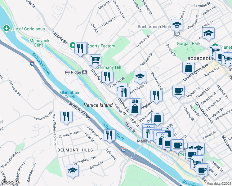 map of restaurants, bars, coffee shops, grocery stores, and more near 4715 Umbria Street in Philadelphia