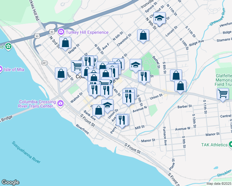 map of restaurants, bars, coffee shops, grocery stores, and more near 353 Cherry Street in Columbia