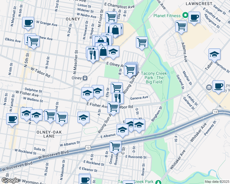 map of restaurants, bars, coffee shops, grocery stores, and more near 5402 B Street in Philadelphia