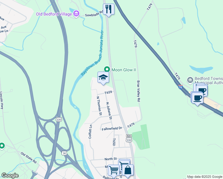 map of restaurants, bars, coffee shops, grocery stores, and more near 3613 U.S. 220 Business in Bedford