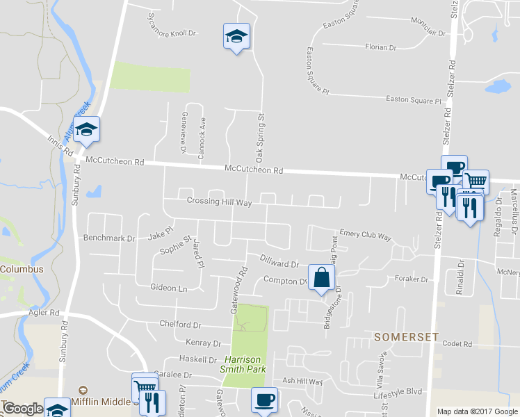 map of restaurants, bars, coffee shops, grocery stores, and more near 3395 Crossing Hill Way in Columbus