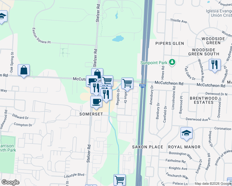 map of restaurants, bars, coffee shops, grocery stores, and more near 2833 Regaldo Drive in Columbus