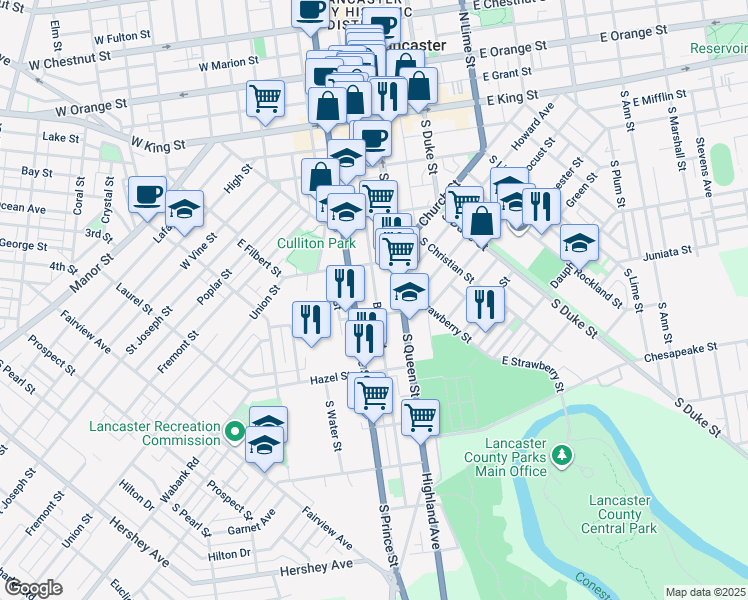 map of restaurants, bars, coffee shops, grocery stores, and more near 344 Beaver Street in Lancaster
