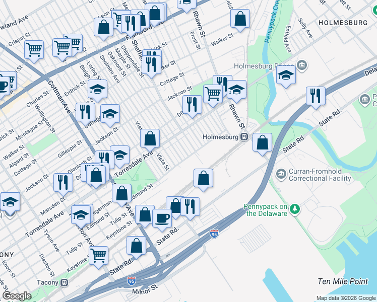 map of restaurants, bars, coffee shops, grocery stores, and more near 4757 Marple Street in Philadelphia
