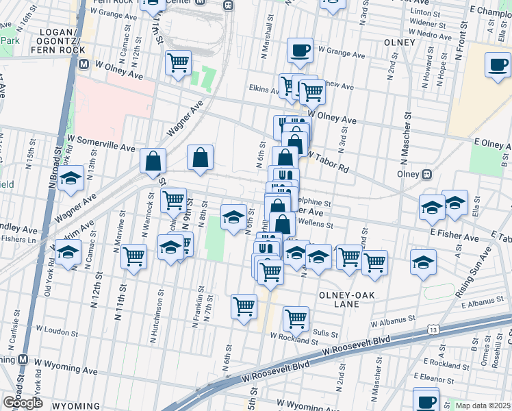 map of restaurants, bars, coffee shops, grocery stores, and more near 5265 North 6th Street in Philadelphia