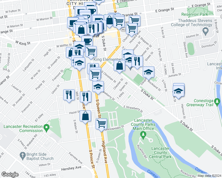 map of restaurants, bars, coffee shops, grocery stores, and more near 530 Chester Street in Lancaster