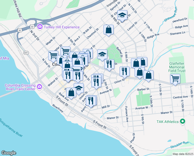 map of restaurants, bars, coffee shops, grocery stores, and more near 452 Avenue J in Columbia