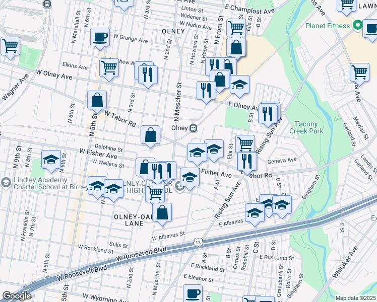 map of restaurants, bars, coffee shops, grocery stores, and more near 118 West Tabor Road in Philadelphia