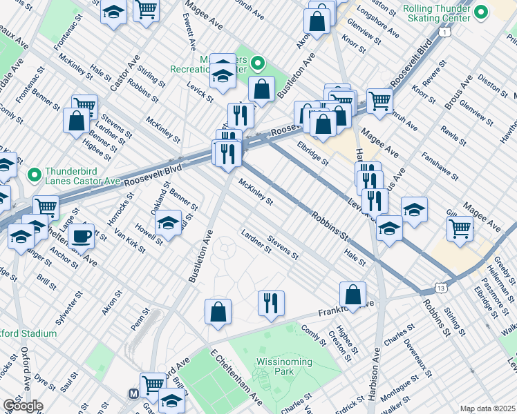 map of restaurants, bars, coffee shops, grocery stores, and more near 2101 Devereaux Avenue in Philadelphia