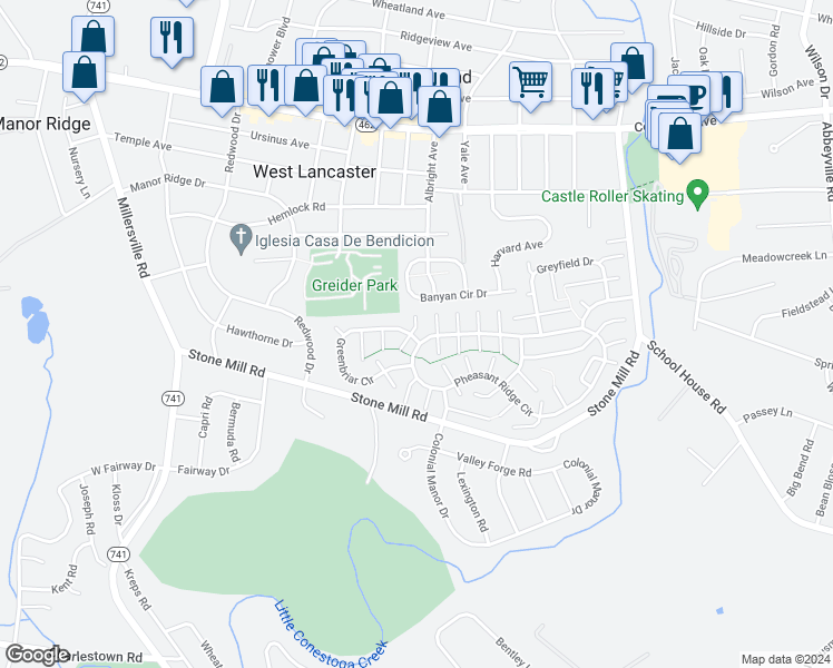 map of restaurants, bars, coffee shops, grocery stores, and more near 118 Greenbriar Circle in Lancaster