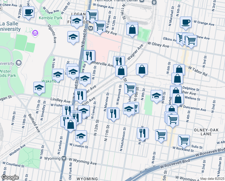 map of restaurants, bars, coffee shops, grocery stores, and more near 5216 North 11th Street in Philadelphia