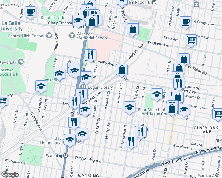 map of restaurants, bars, coffee shops, grocery stores, and more near 5213 North Marvine Street in Philadelphia