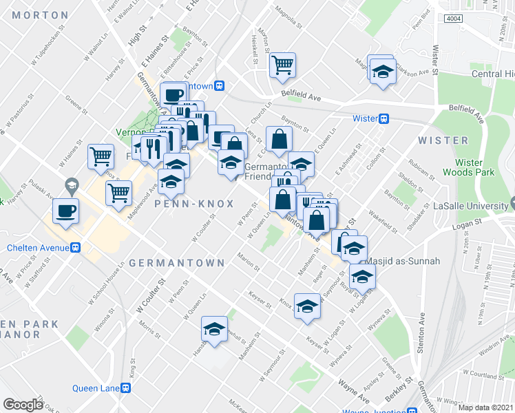 map of restaurants, bars, coffee shops, grocery stores, and more near 1 Penn Court in Philadelphia