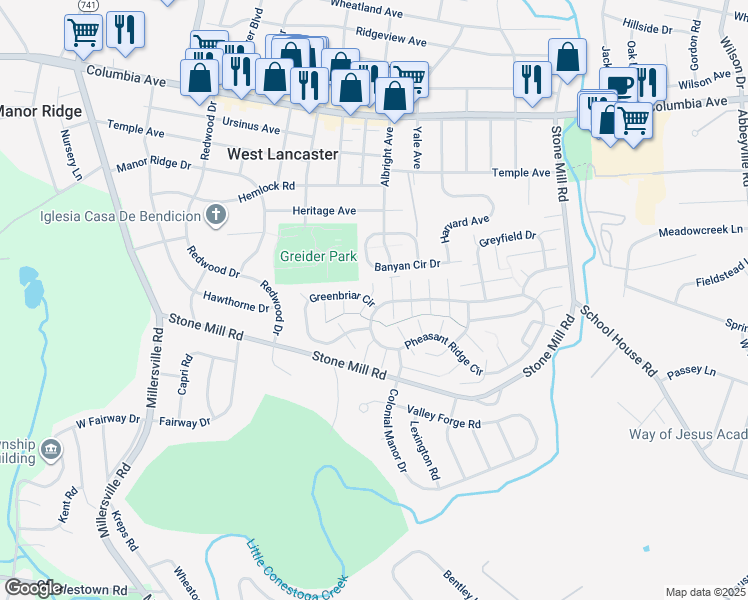 map of restaurants, bars, coffee shops, grocery stores, and more near 118 Greenbriar Circle in Lancaster