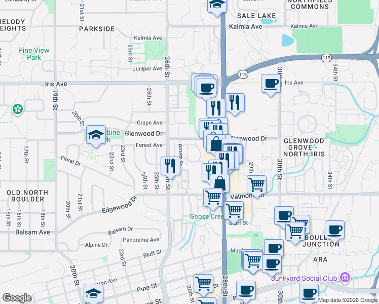 map of restaurants, bars, coffee shops, grocery stores, and more near 3155 Westwood Court in Boulder