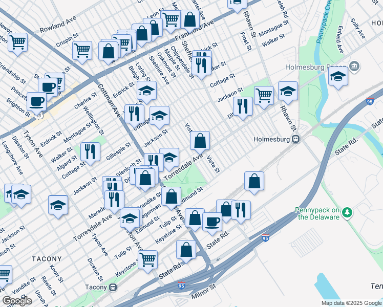 map of restaurants, bars, coffee shops, grocery stores, and more near 4621 Bleigh Avenue in Philadelphia