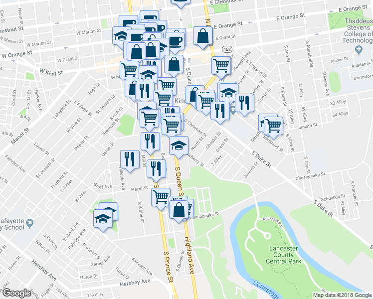 map of restaurants, bars, coffee shops, grocery stores, and more near 433 East Strawberry Street in Lancaster