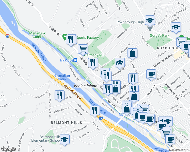 map of restaurants, bars, coffee shops, grocery stores, and more near 4728 Umbria Street in Philadelphia