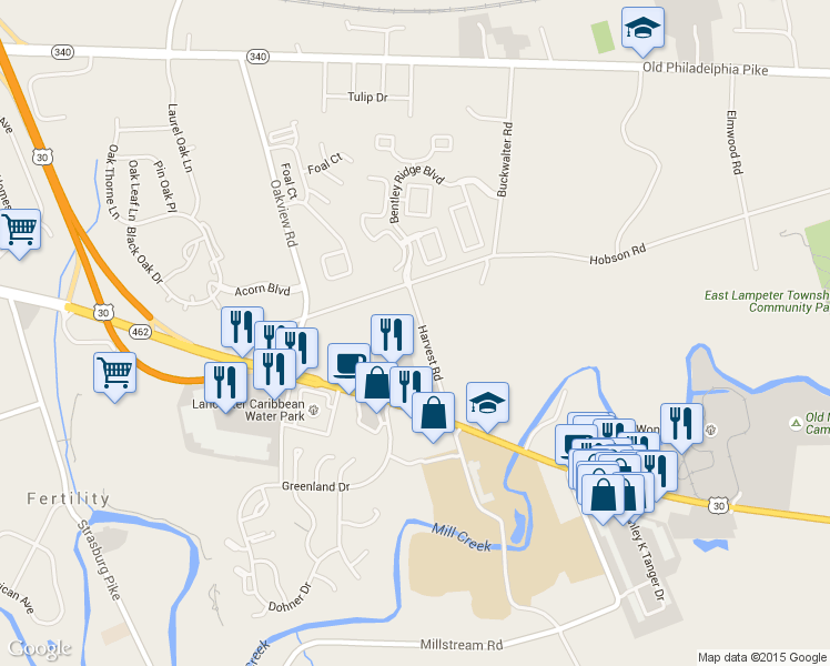 map of restaurants, bars, coffee shops, grocery stores, and more near 42 Harvest Road in Lancaster