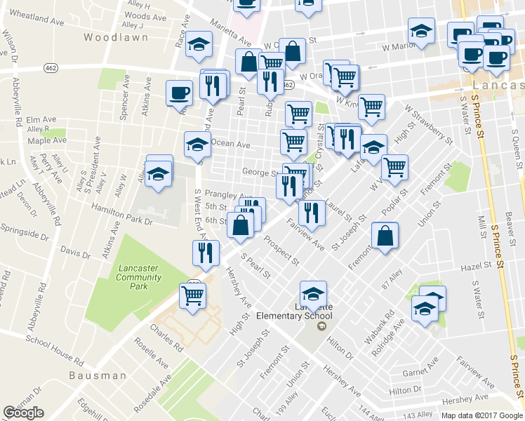 map of restaurants, bars, coffee shops, grocery stores, and more near 515 Ruby Street in Lancaster