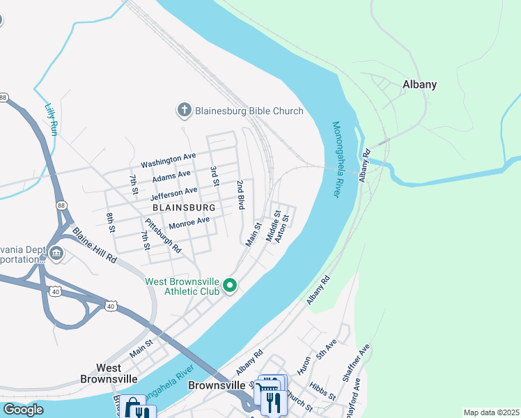 map of restaurants, bars, coffee shops, grocery stores, and more near 609 Main Street in Brownsville