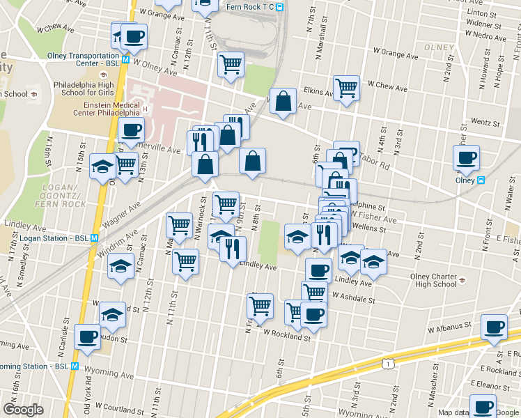 map of restaurants, bars, coffee shops, grocery stores, and more near 743 West Wellens Avenue in Philadelphia