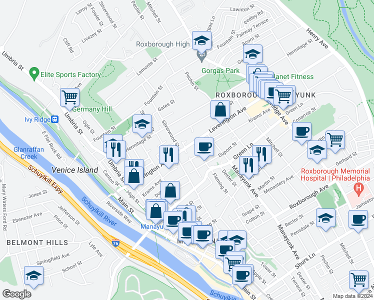 map of restaurants, bars, coffee shops, grocery stores, and more near 333 Leverington Avenue in Philadelphia