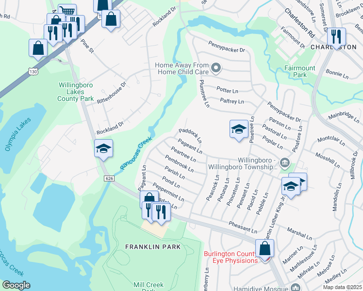 map of restaurants, bars, coffee shops, grocery stores, and more near 104 Pageant Lane in Willingboro