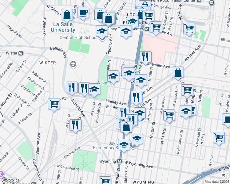 map of restaurants, bars, coffee shops, grocery stores, and more near 5145 North Sydenham Street in Philadelphia