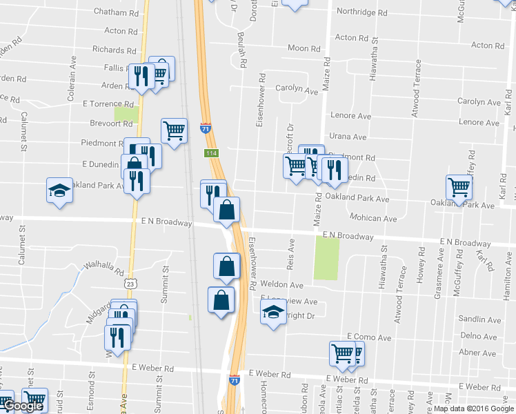 map of restaurants, bars, coffee shops, grocery stores, and more near 3296 Eisenhower Road in Columbus
