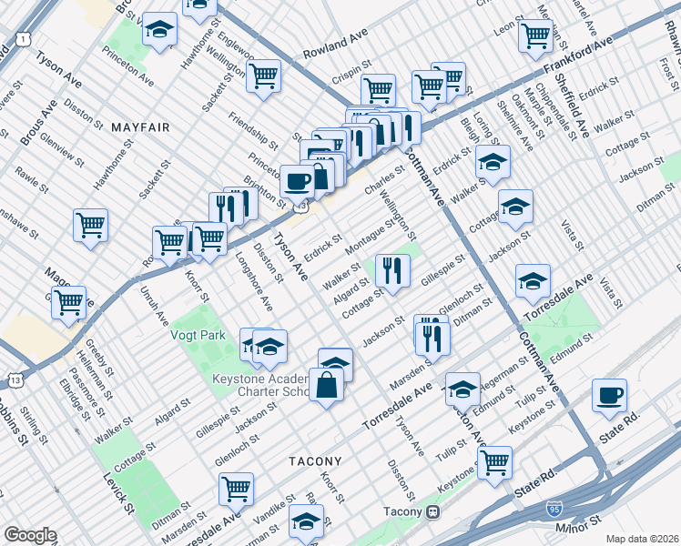 map of restaurants, bars, coffee shops, grocery stores, and more near 7028 Walker Street in Philadelphia