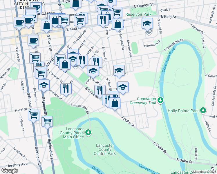 map of restaurants, bars, coffee shops, grocery stores, and more near 758 South Lime Street in Lancaster