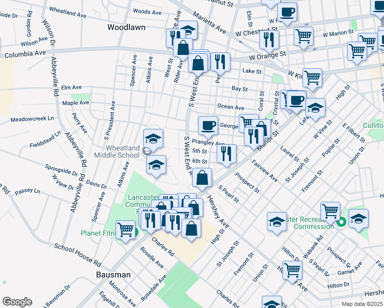 map of restaurants, bars, coffee shops, grocery stores, and more near 505 South West End Avenue in Lancaster