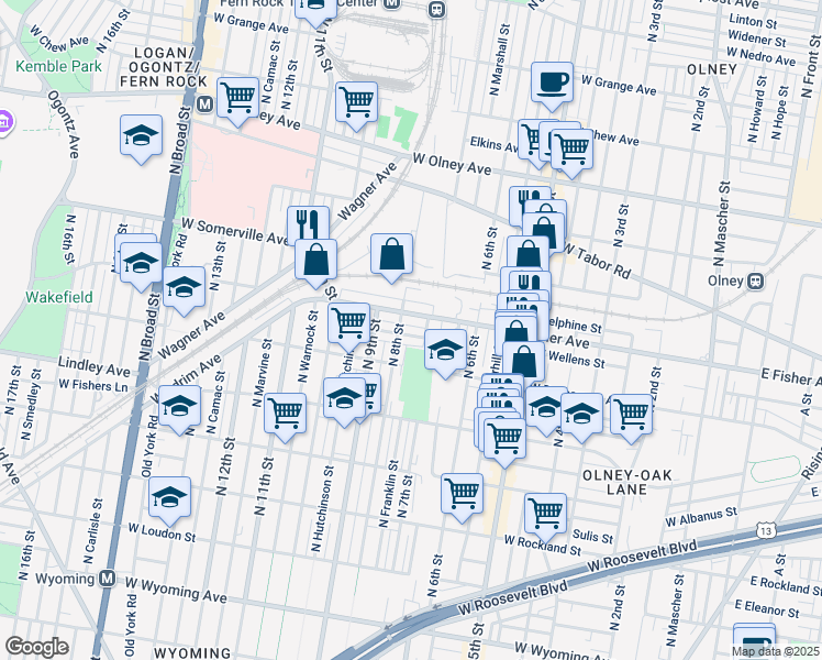 map of restaurants, bars, coffee shops, grocery stores, and more near 733 W Wellens Ave in Philadelphia