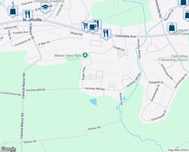 map of restaurants, bars, coffee shops, grocery stores, and more near 122 Timber Drive in Mountville