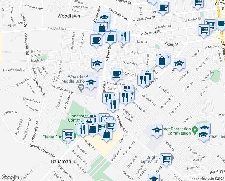 map of restaurants, bars, coffee shops, grocery stores, and more near 820 5th Street in Lancaster