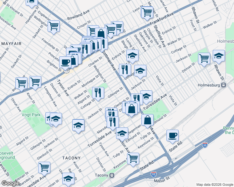 map of restaurants, bars, coffee shops, grocery stores, and more near 7186 Gillespie Street in Philadelphia