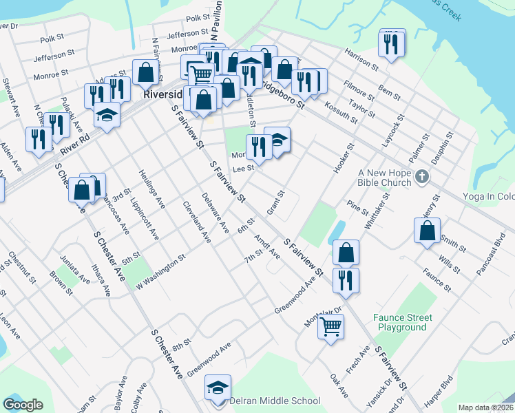 map of restaurants, bars, coffee shops, grocery stores, and more near 521 South Fairview Street in Riverside