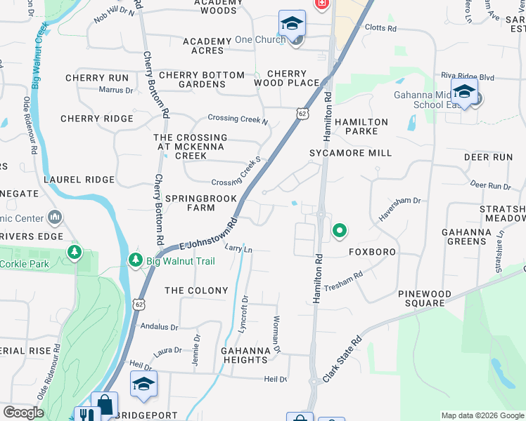 map of restaurants, bars, coffee shops, grocery stores, and more near 562 Jacob Close in Gahanna