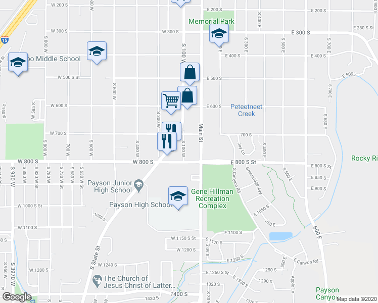 map of restaurants, bars, coffee shops, grocery stores, and more near 771 South 100 West in Payson