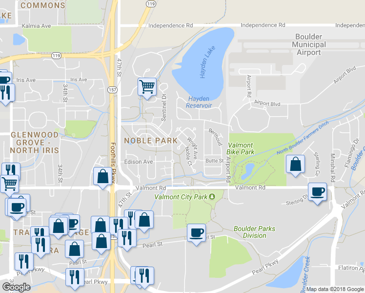 map of restaurants, bars, coffee shops, grocery stores, and more near 3235 Noble Court in Boulder