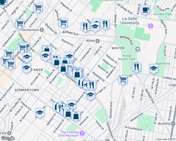 map of restaurants, bars, coffee shops, grocery stores, and more near 5112 Wakefield Street in Philadelphia