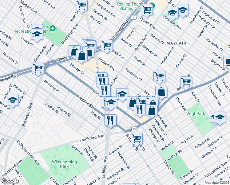 map of restaurants, bars, coffee shops, grocery stores, and more near 2931 Passmore Street in Philadelphia
