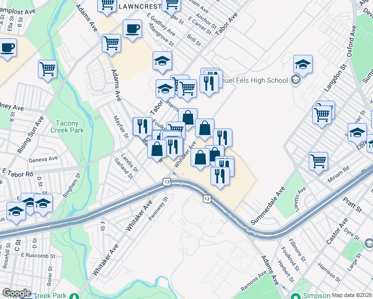 map of restaurants, bars, coffee shops, grocery stores, and more near 1330 Foulkrod Street in Philadelphia