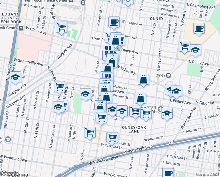 map of restaurants, bars, coffee shops, grocery stores, and more near 431 West Fisher Avenue in Philadelphia
