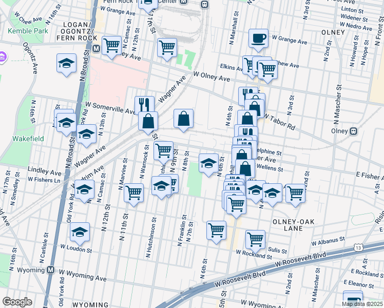 map of restaurants, bars, coffee shops, grocery stores, and more near 735 West Wellens Avenue in Philadelphia