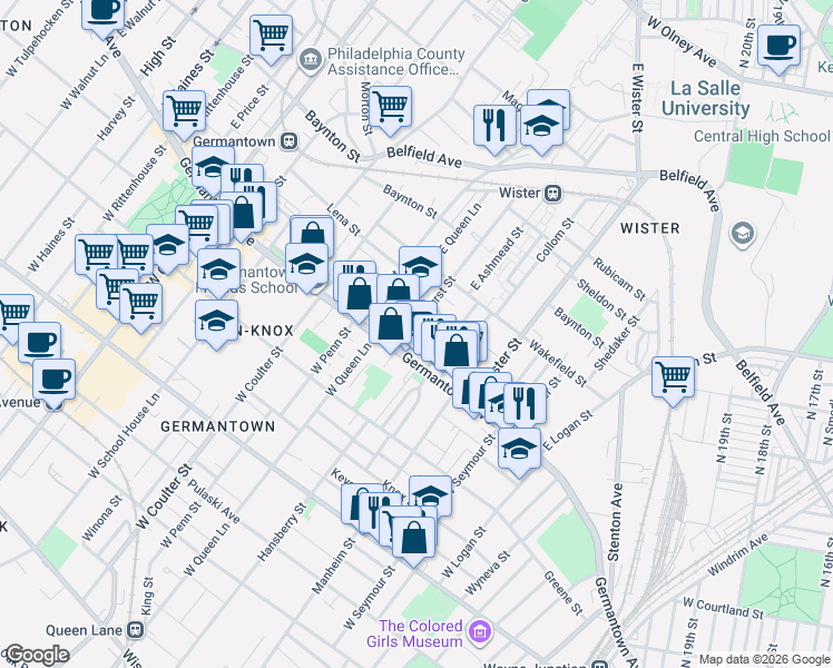 map of restaurants, bars, coffee shops, grocery stores, and more near 5213 Germantown Avenue in Philadelphia