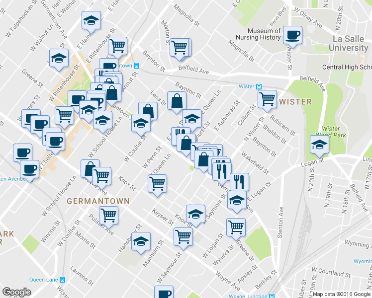 map of restaurants, bars, coffee shops, grocery stores, and more near 5261 Germantown Avenue in Philadelphia
